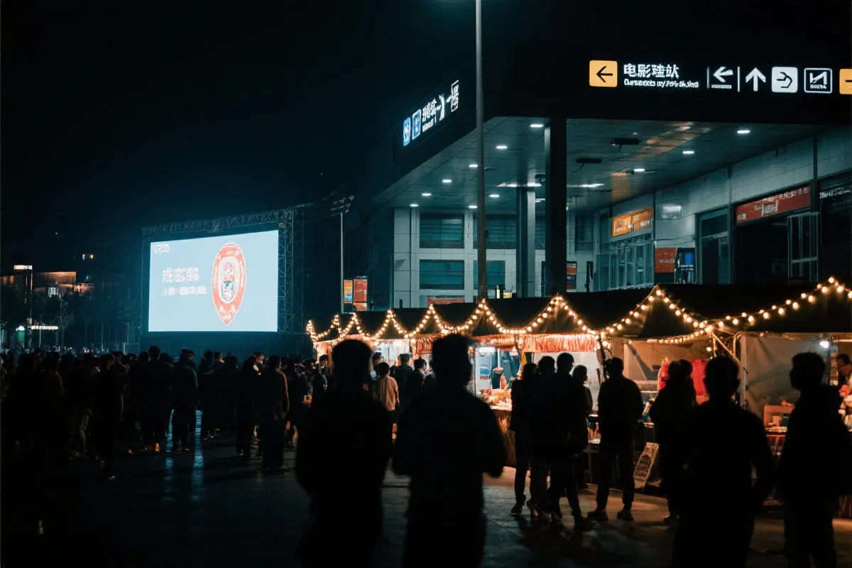 费城球迷广场夜景：大屏观赛人群、步行指示牌与公共交通入口